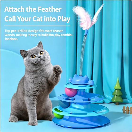 Multi-Tier Cat Track Ball Tower & Feather Teaser Wand Toy Set