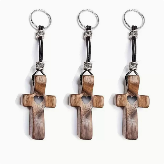 Walnut Wood Thumb Pocket Cross Keychain Pendant & Comfort Holding Cross